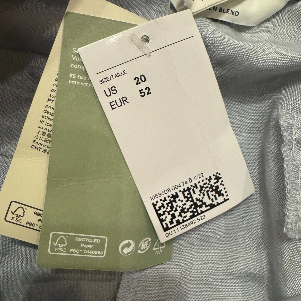 H&M Women Linen‎ Blend Pleated Trousers Light Blue Grey US 20 NEW